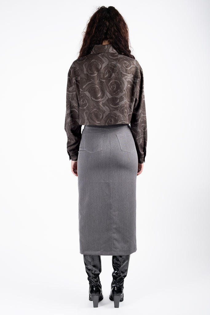 Crop Shirt  Long Sleeves - Roses Olive Grey