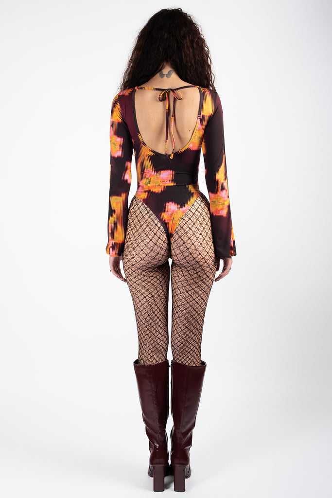 Open Back Bodysuit - Glass Flower Red