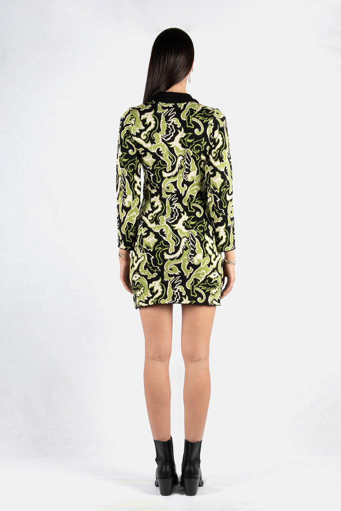 Suki Knit dress – Dragon Geometry / Moss Green - Black Pattern