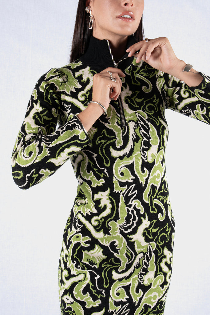 Suki Knit dress – Dragon Geometry / Moss Green - Black Pattern