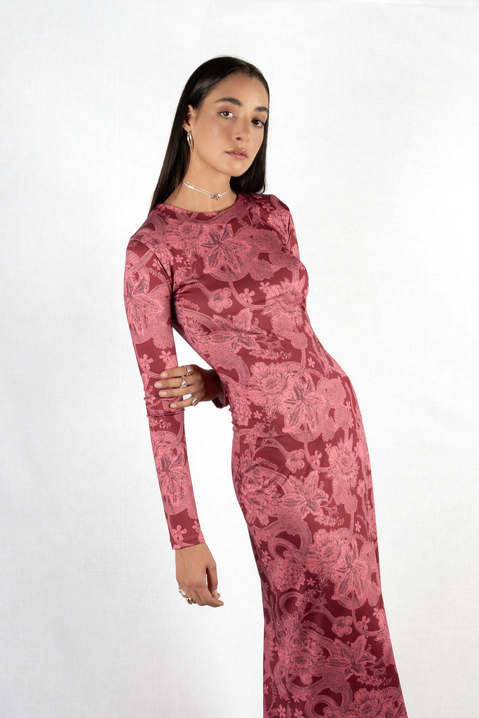 Akemi Long dress – Snake Garden / Chili Red-Pink Print