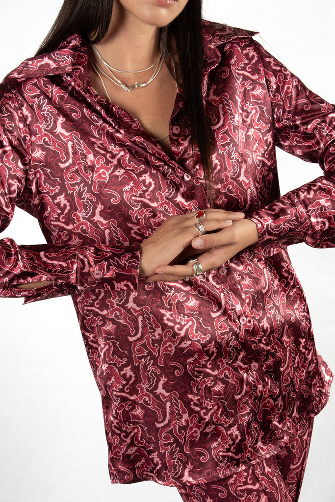Ayia Satin shirt – Dragon Geometry/Bordeaux-Pink Print