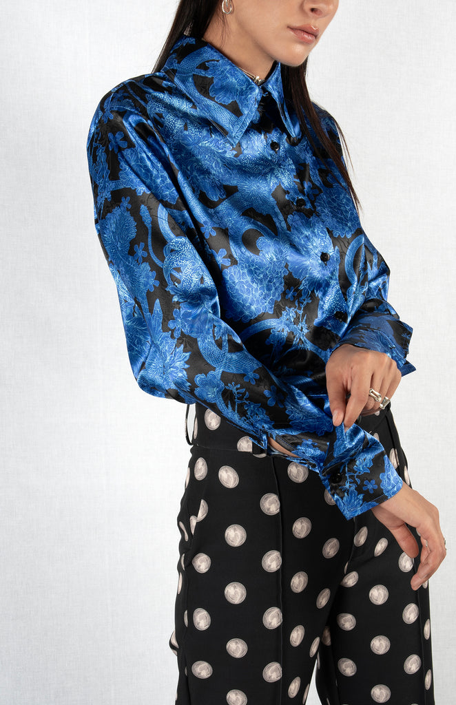 Ayia Satin shirt – Snake Garden/Royal Blue-Black Print