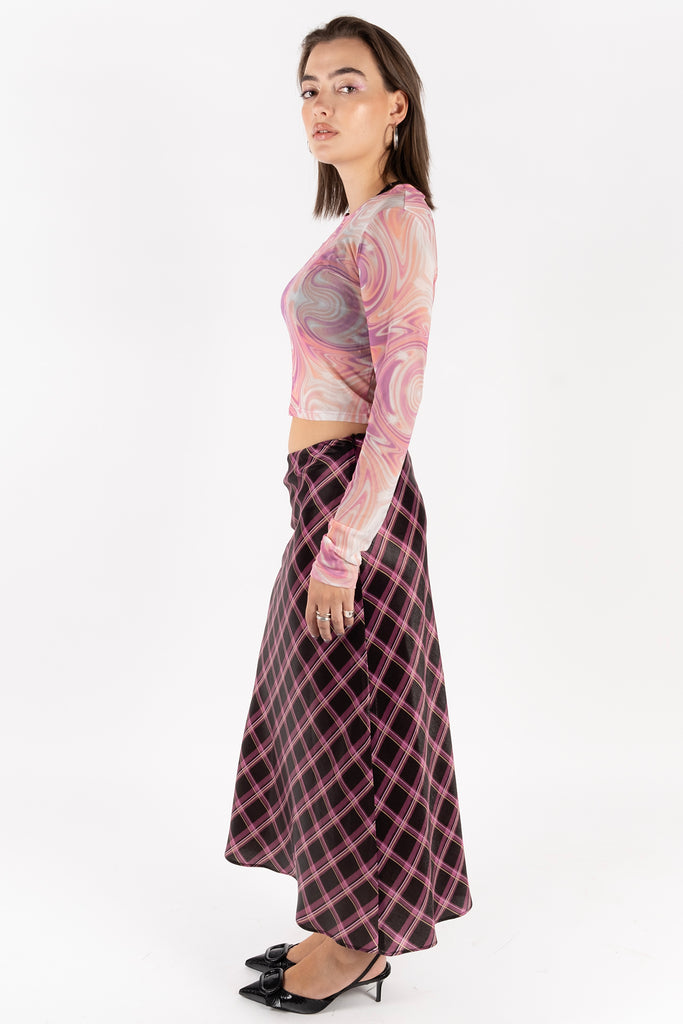 Satin Skirt – Plaid Fuschia