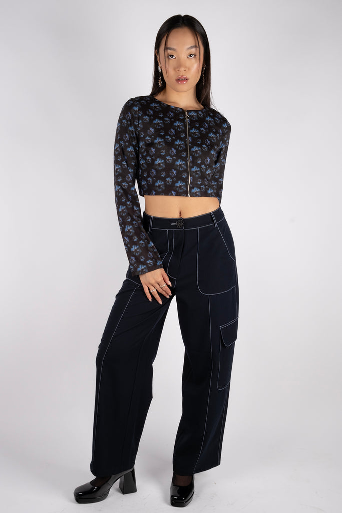 Longsleeve Zip-Up Crop Top - Faded Floral Blue/Black