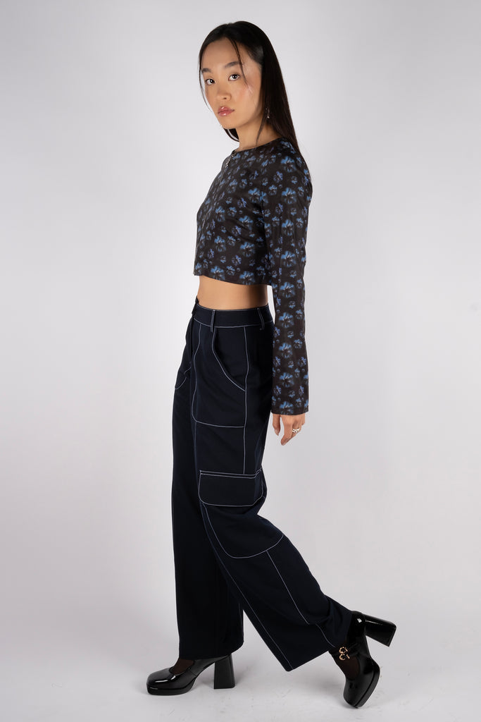 Longsleeve Zip-Up Crop Top - Faded Floral Blue/Black