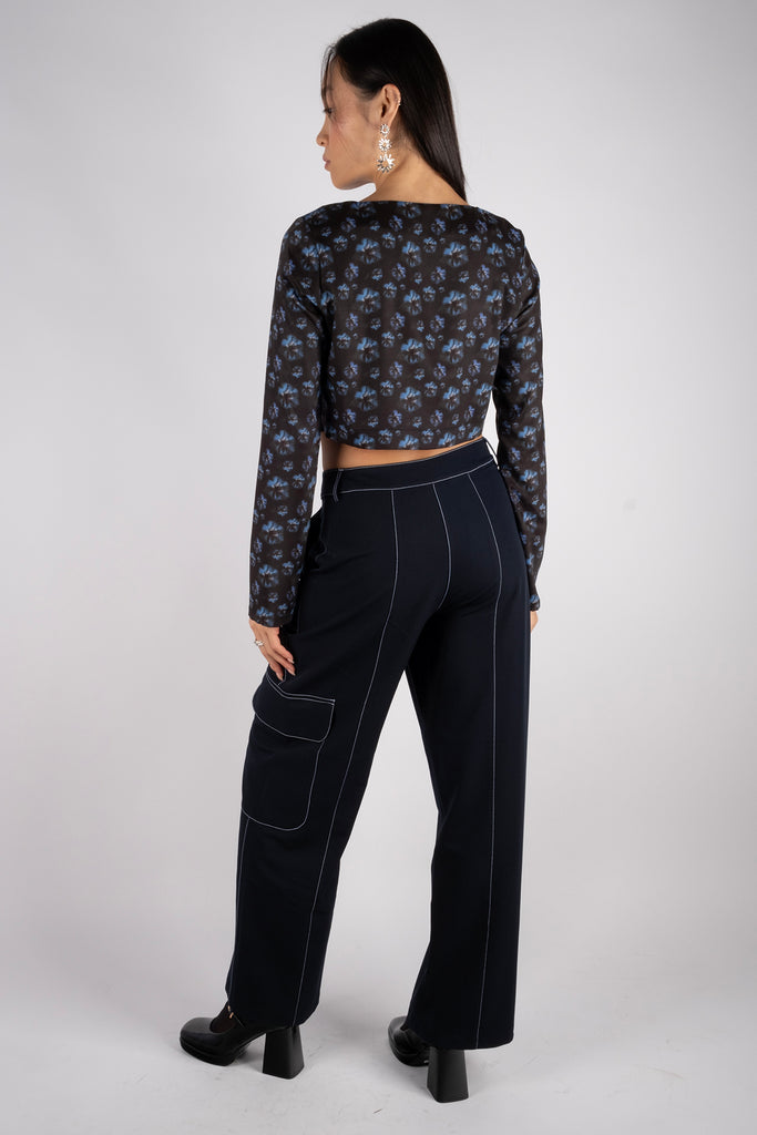 Longsleeve Zip-Up Crop Top - Faded Floral Blue/Black