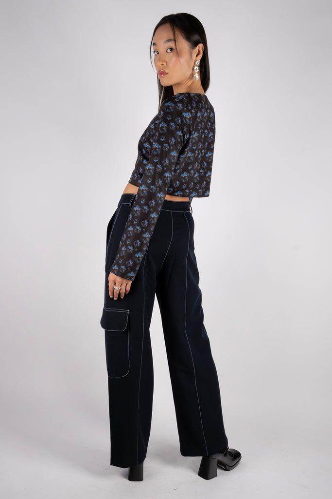 Longsleeve Zip-Up Crop Top - Faded Floral Blue/Black