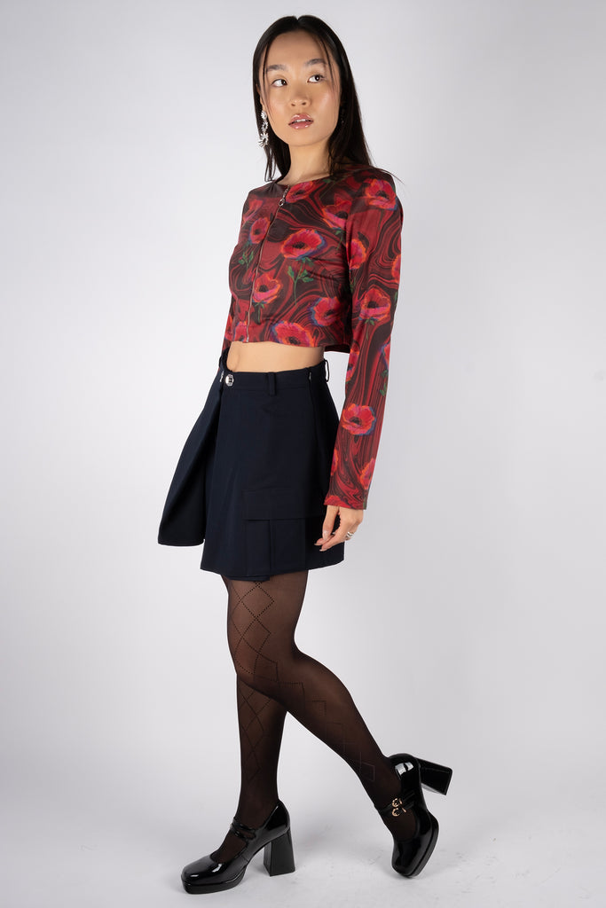 Longsleeve Zip-Up Crop Top - Inferno Garden Cherry Red