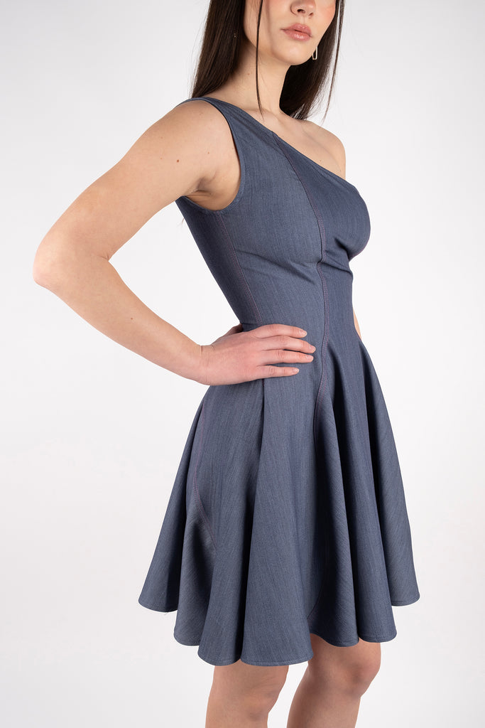 One Shoulder Dress - Denim Blue