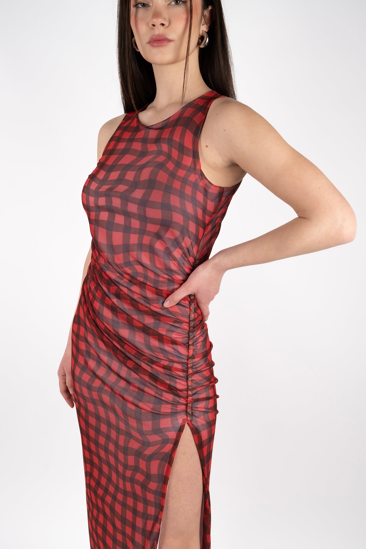 mesh plaid dress Sleeveless Mesh One Shoulder, Preppy Plaid Cutie Mini Dress in Taupe, Size XL,