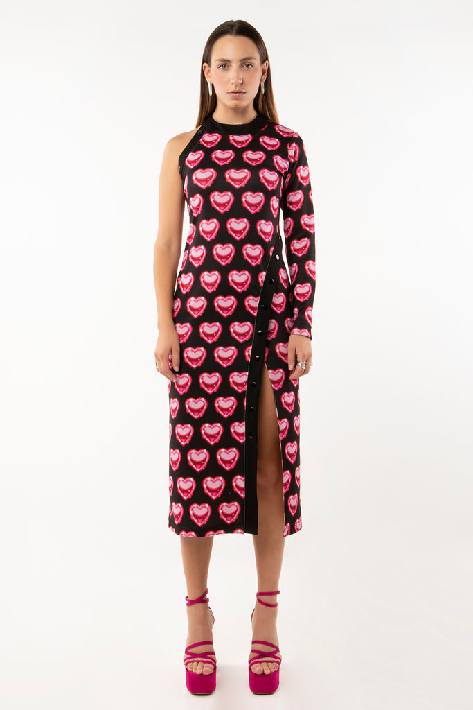 ONE SLEEVE DRESS – CHROME LOVE PRINT/ BLACK